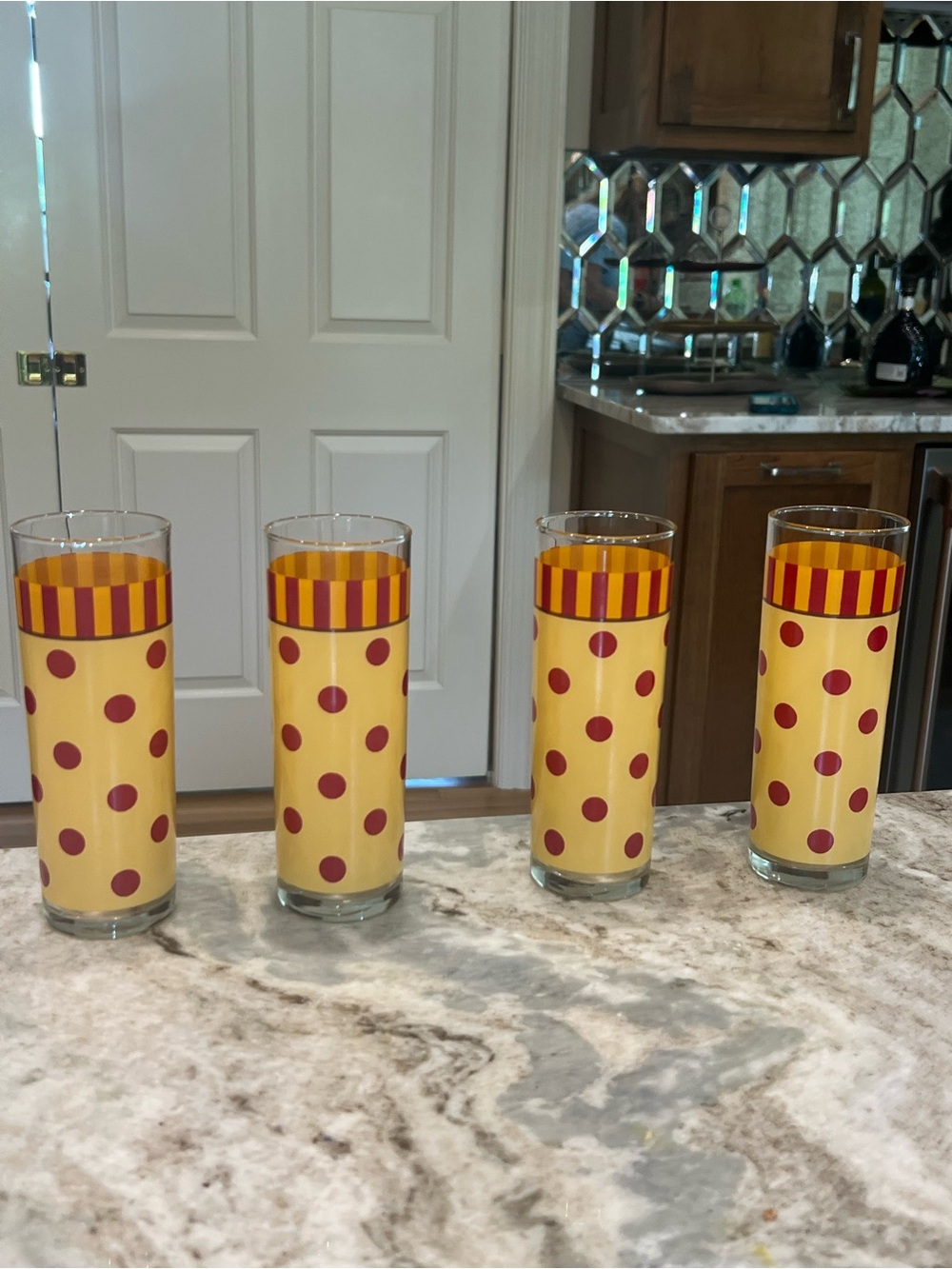 Southern Living Set of 4 Yellow Polka Dot Glasses with Red Accents